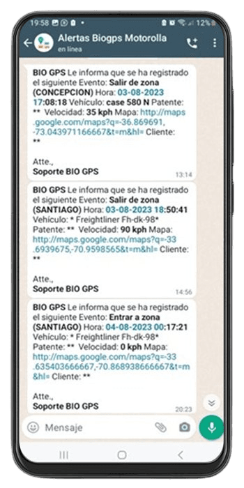 Alertas de seguridad de BioGPS enviadas a WhatsApp